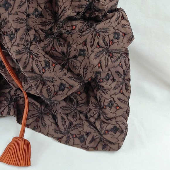 Vintage Brown and Black Floral Eyelet Dress Short Sleeve Lined with Satin Belt - Picture 8 of 15